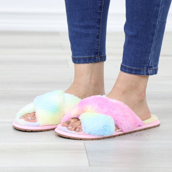 Cross Strap Tie Dye Multi Color Puff Fuzzy Furry Fluffy Slip On Plush Slippers - Picture 15 of 15